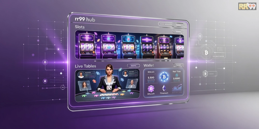 Hình ảnh nền tảng CryptoRR99 Hub với giao diện cá cược hấp dẫn và biểu tượng tiền mã hóa