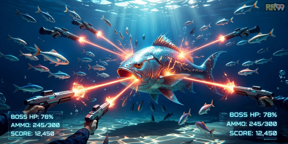 Hình ảnh gameplay bắn cá online rr99 với boss cá lớn và phần thưởng hấp dẫn