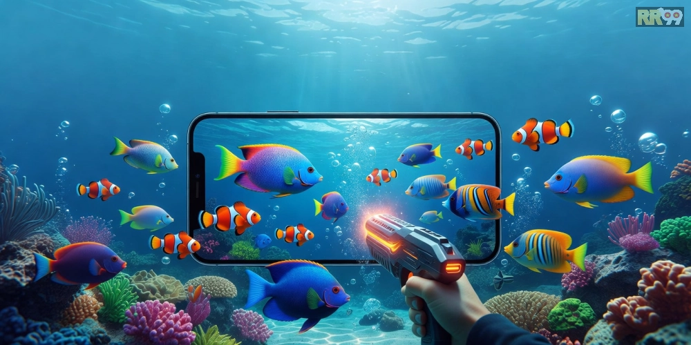 Minh họa giao diện game bắn cá rr99 với cá đa dạng và súng mạnh mẽ