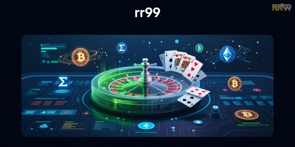 Hình minh họa khái niệm crypto casino rr99 với biểu tượng tiền điện tử và bàn chơi hiện đại