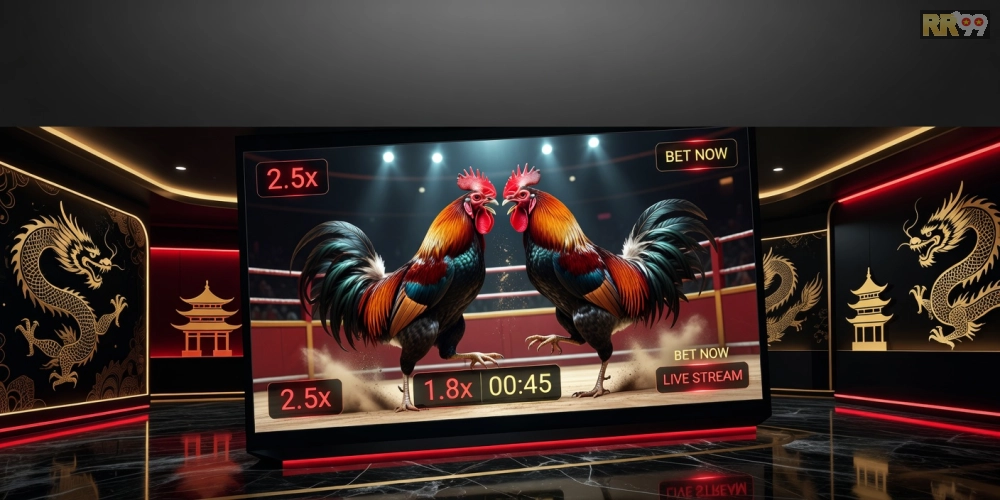 Hình minh họa khái niệm xem đá gà trực tiếp tại casino RR99 với giao diện streaming hiện đại