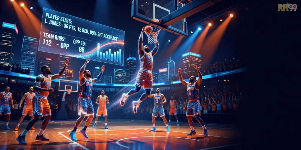 Giao diện trò chơi bóng rổ NBA ảo trên nền tảng RR99 với đồ họa 3D sống động